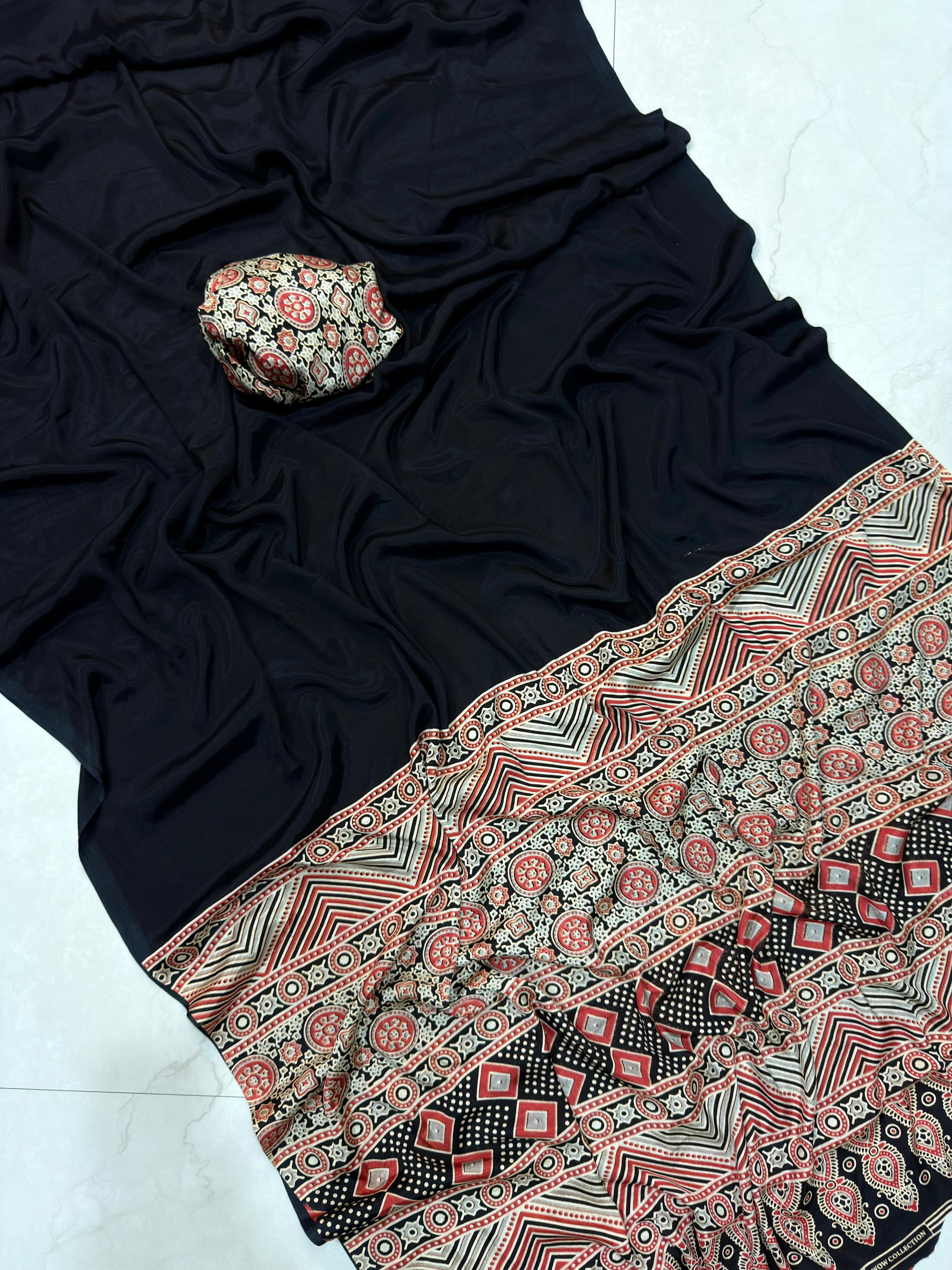 Modal silk style crepe ajrakh printed saree with blouse | GF0020