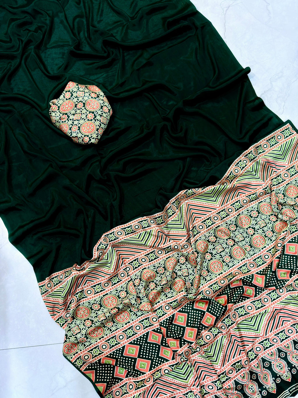 Modal silk style crepe ajrakh printed saree with blouse | GF0020