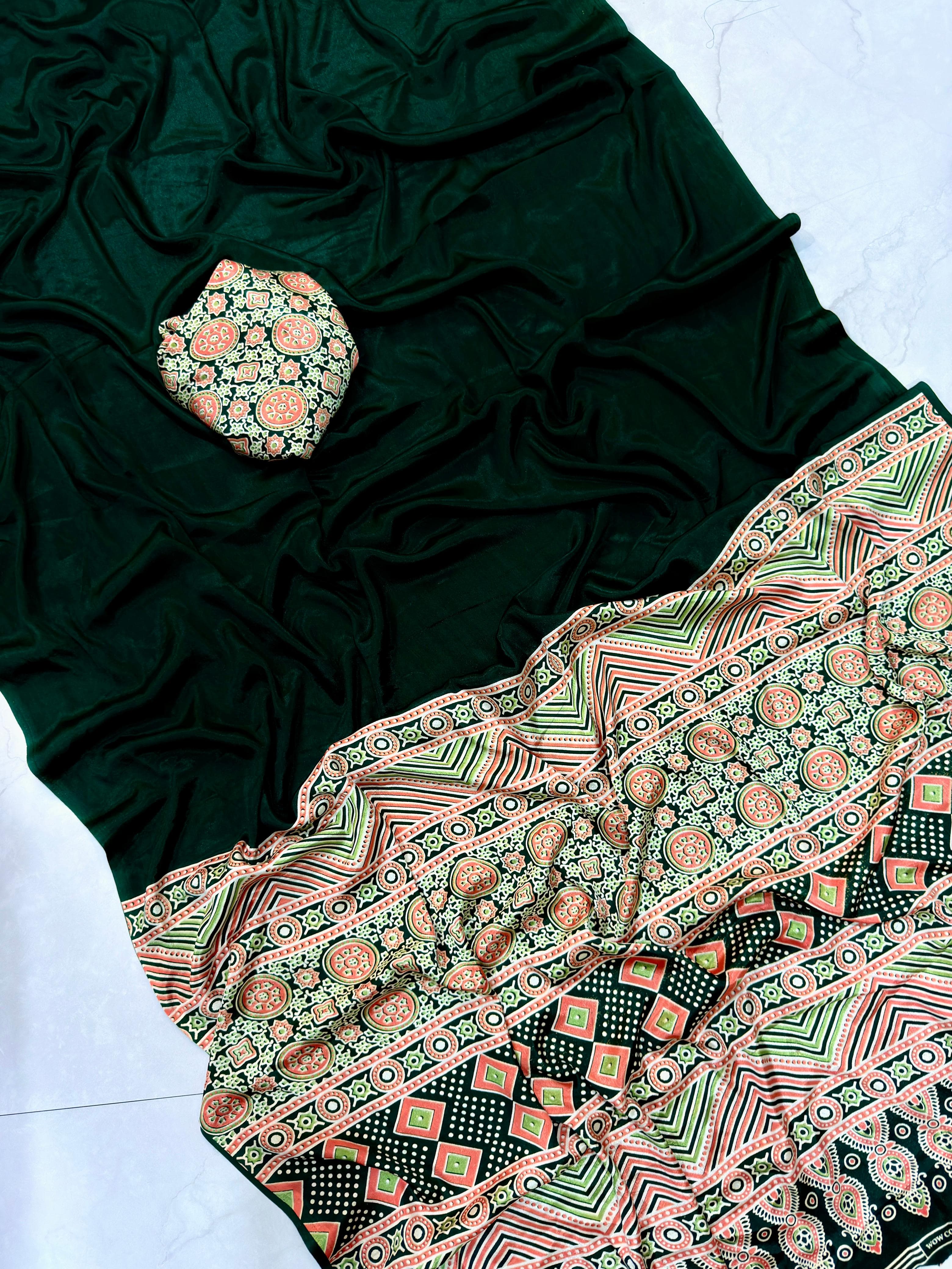 Modal silk style crepe ajrakh printed saree with blouse | GF0020