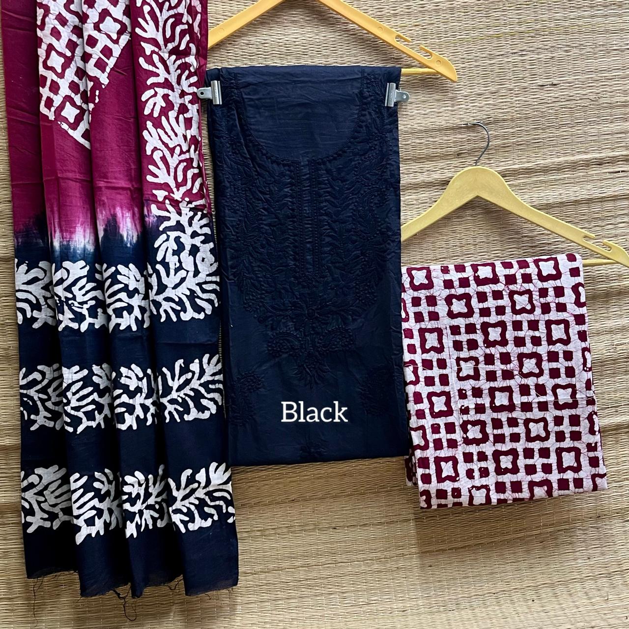 Chikankari + batik cotton cambric suit material