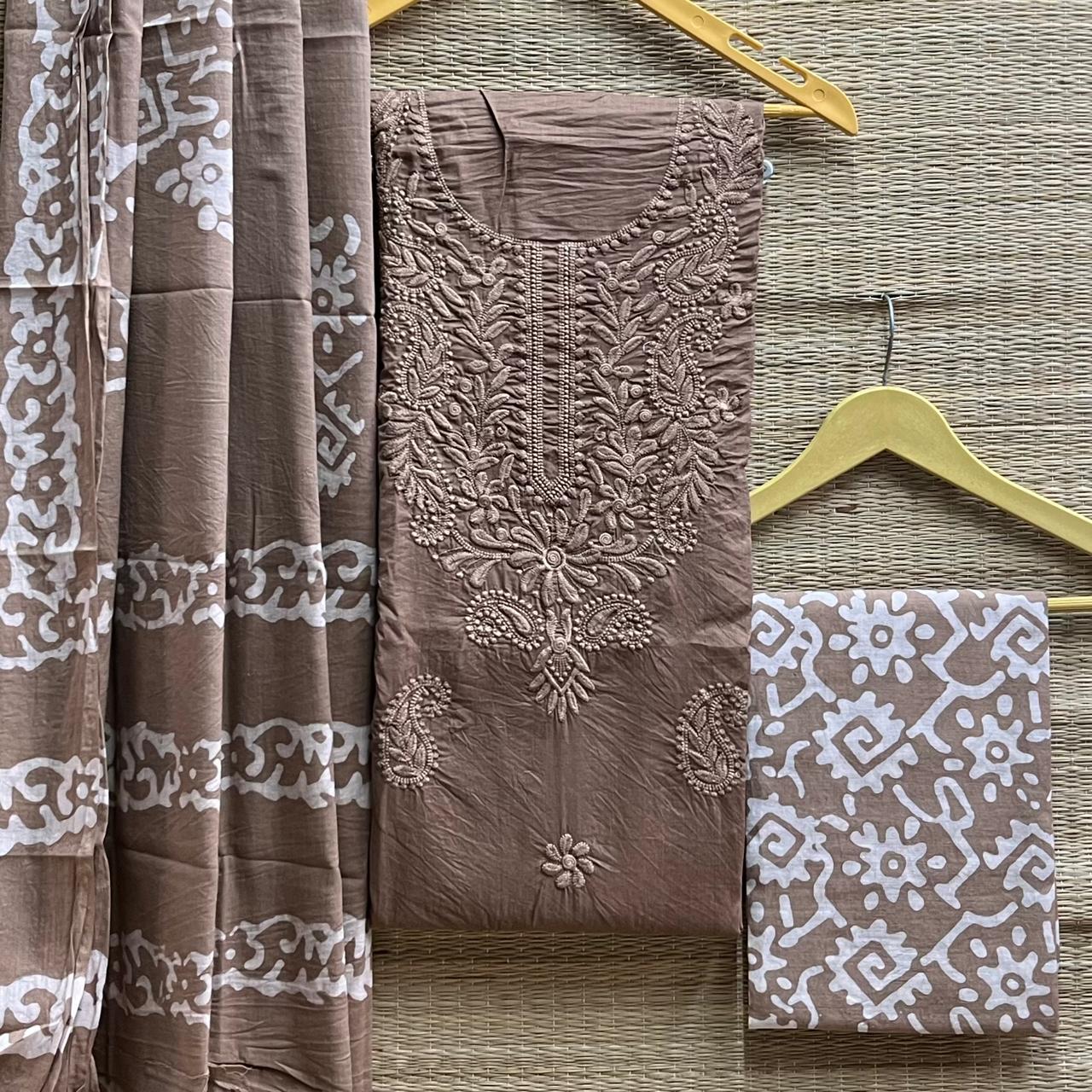 Chikankari + batik cotton cambric suit material