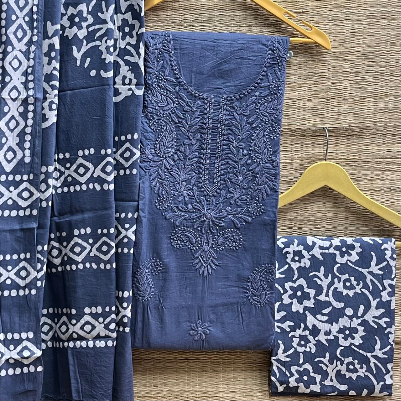 Chikankari + batik cotton cambric suit material