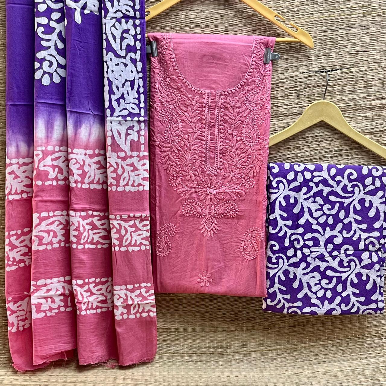 Chikankari + batik cotton cambric suit material