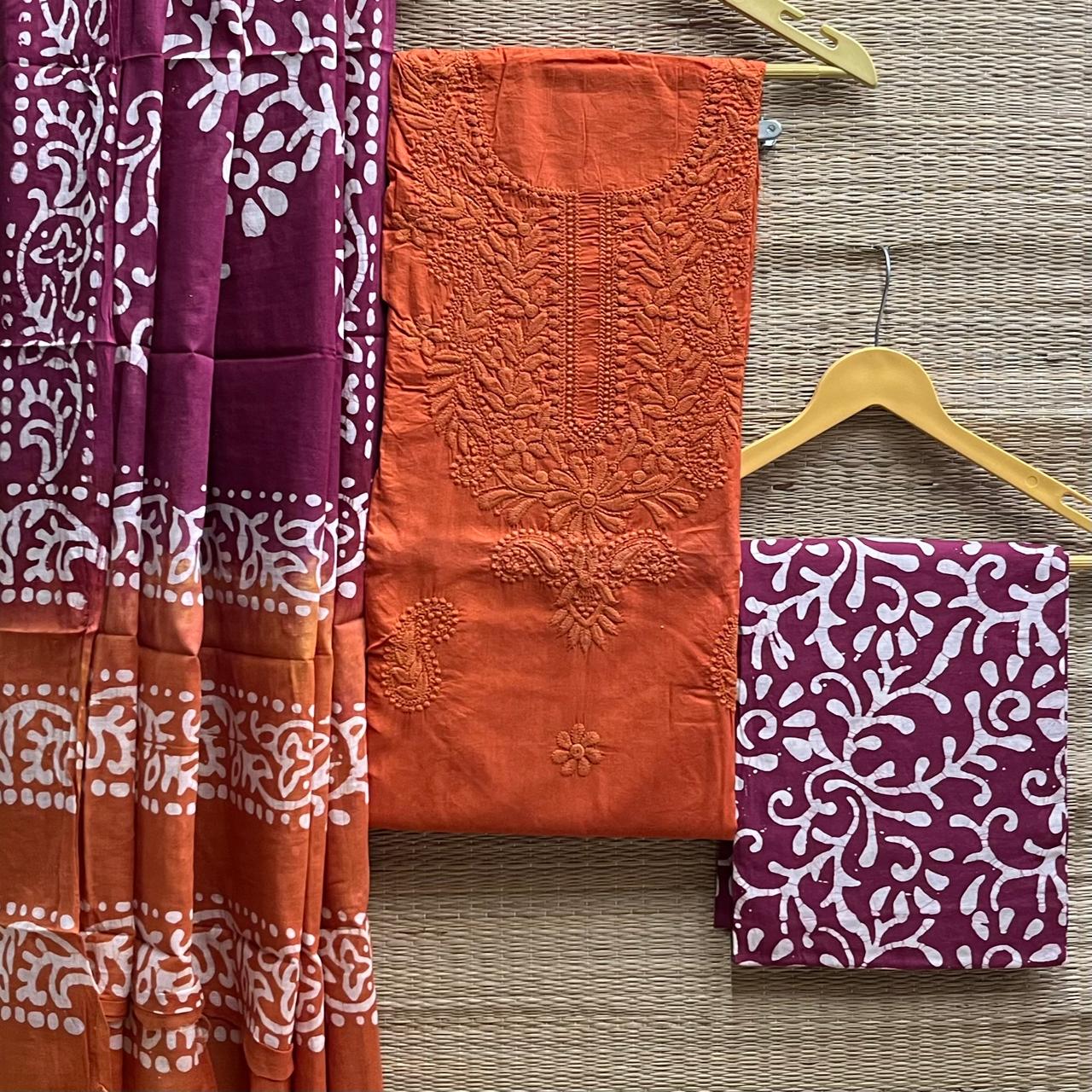 Chikankari + batik cotton cambric suit material