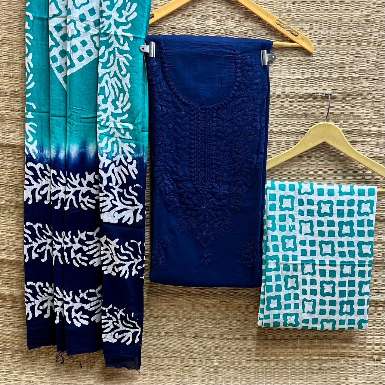 Chikankari + batik cotton cambric suit material