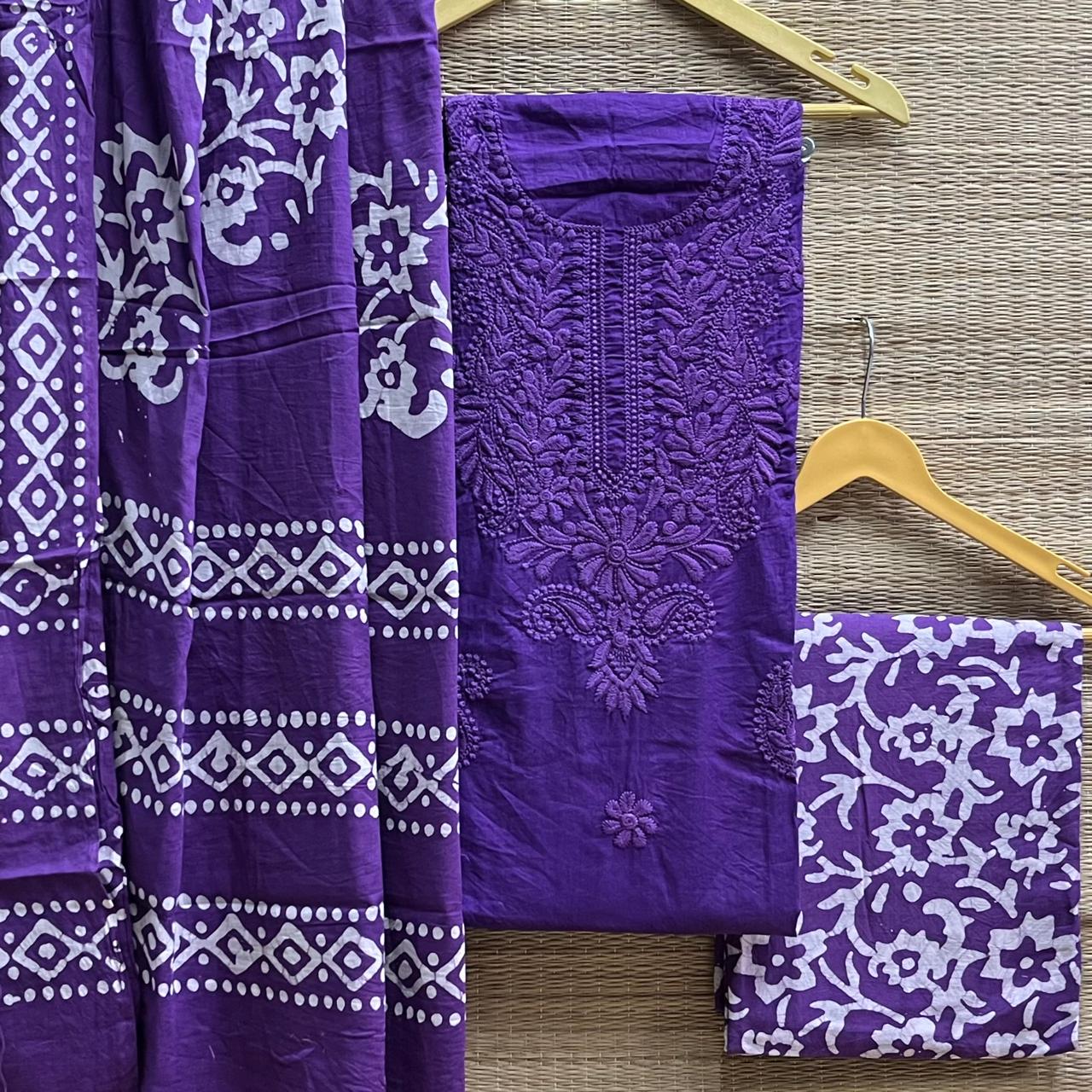 Chikankari + batik cotton cambric suit material