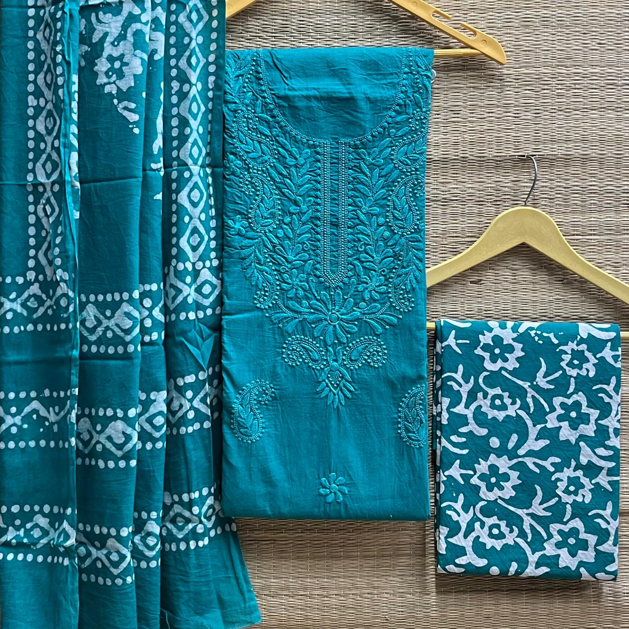 Chikankari + batik cotton cambric suit material