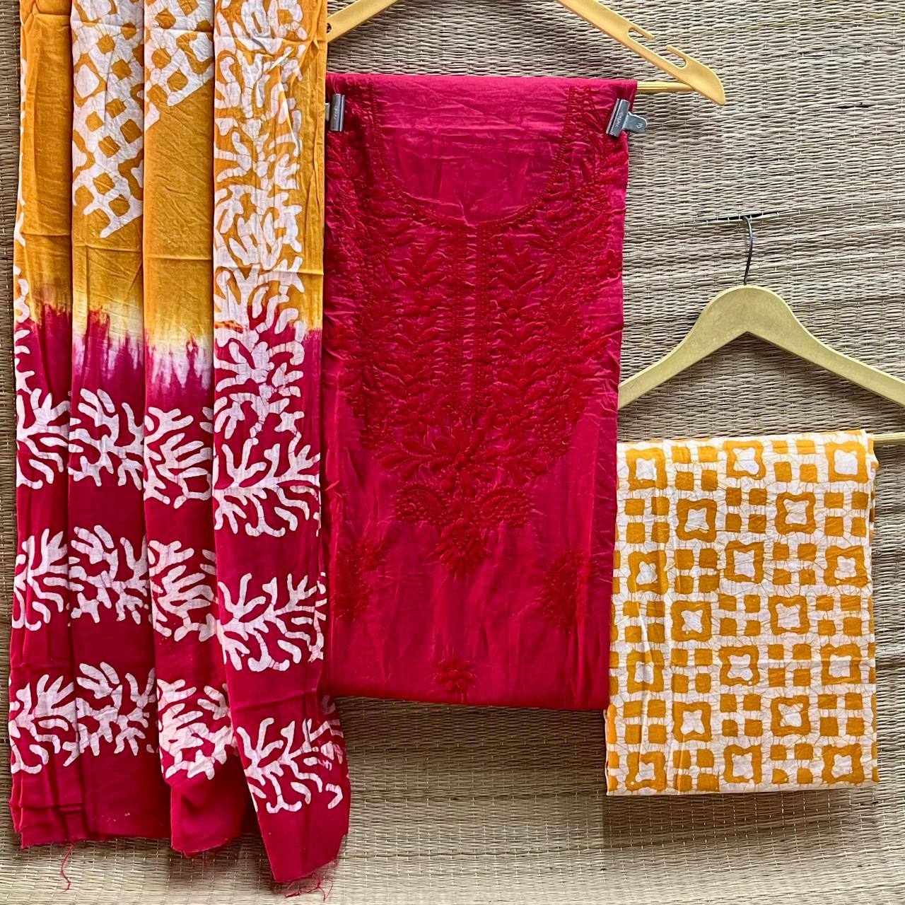 Chikankari + batik cotton cambric suit material
