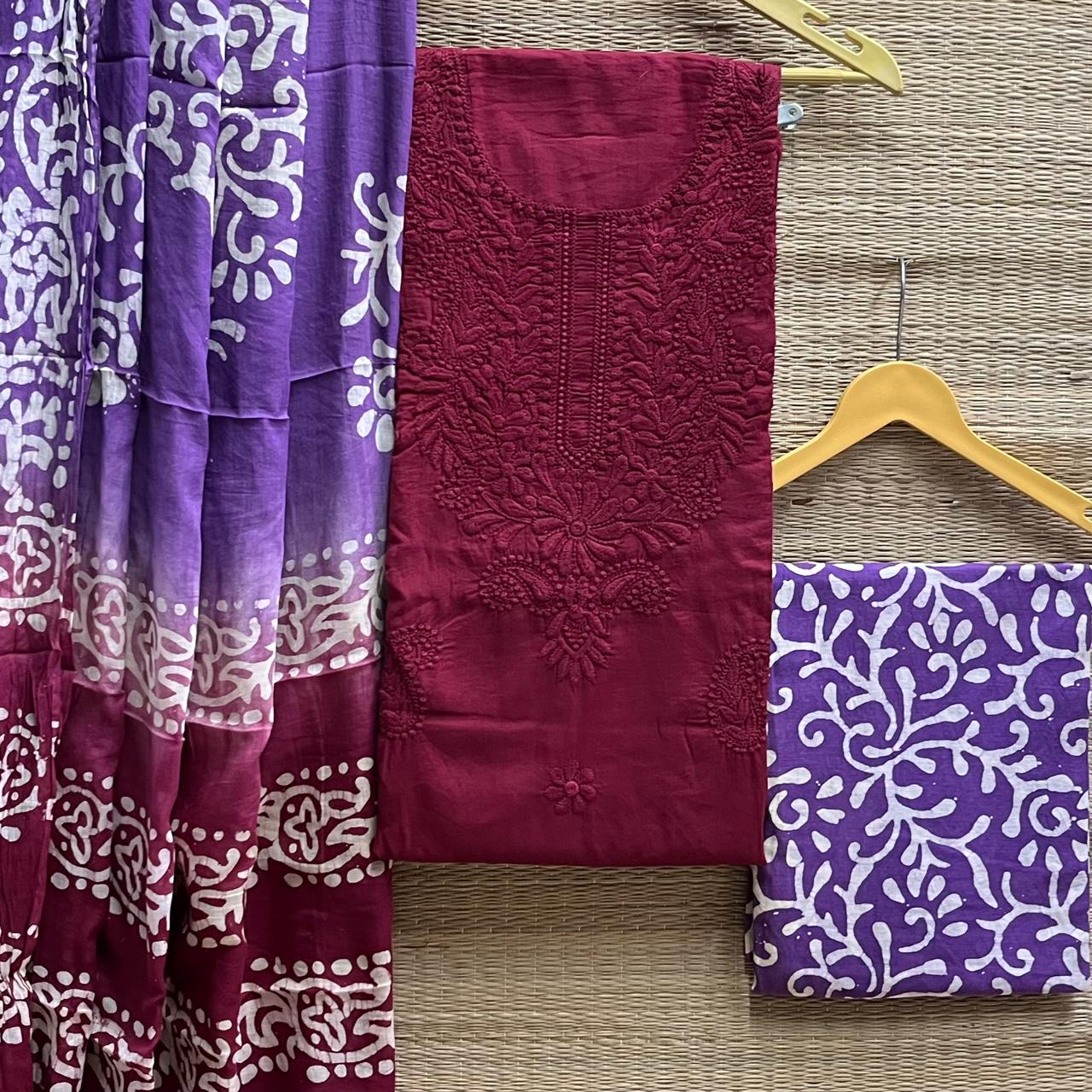 Chikankari + batik cotton cambric suit material