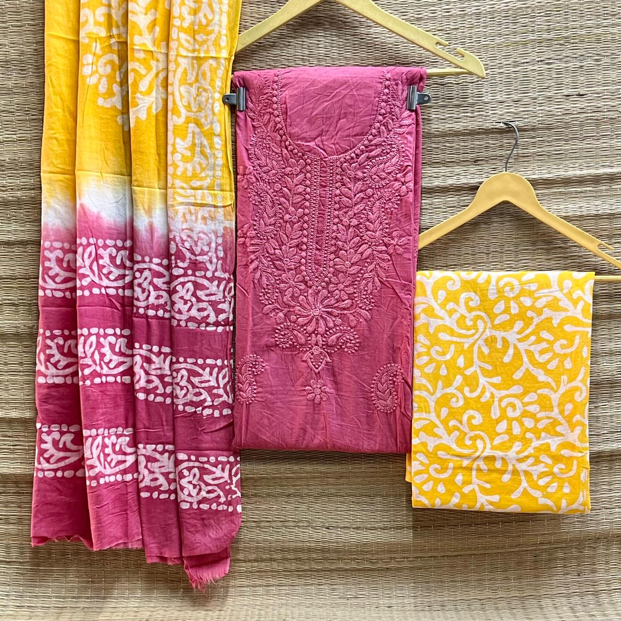 Chikankari + batik cotton cambric suit material