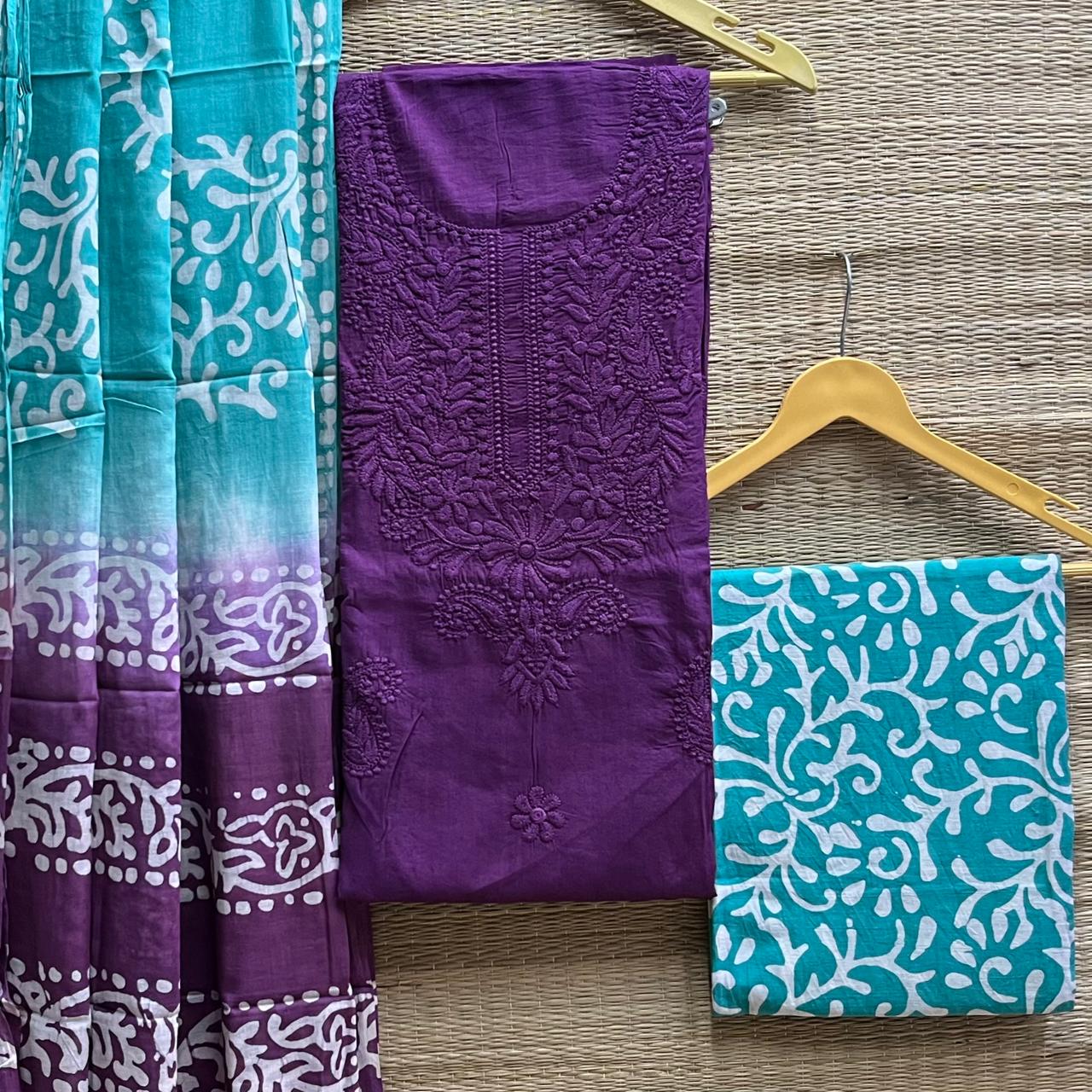 Chikankari + batik cotton cambric suit material
