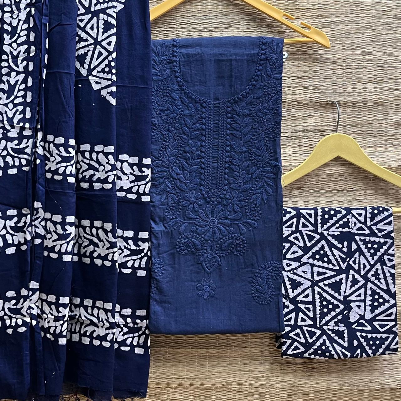 Chikankari + batik cotton cambric suit material