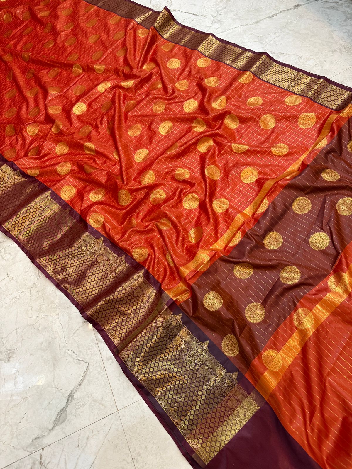 Annet | Rust Orange Semi Banarasi katan silk saree | RF0007