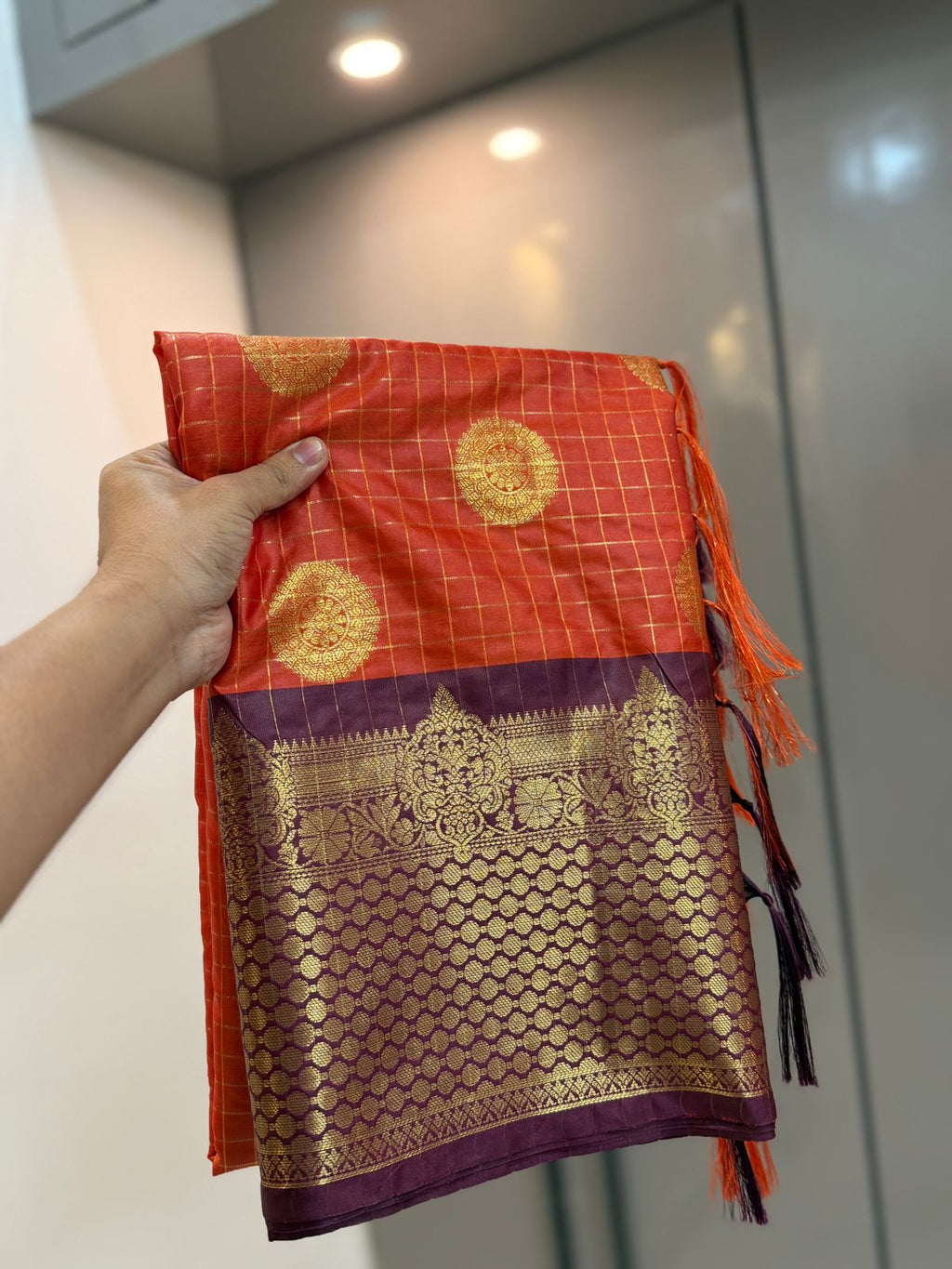 Annet | Rust Orange Semi Banarasi katan silk saree | RF0007