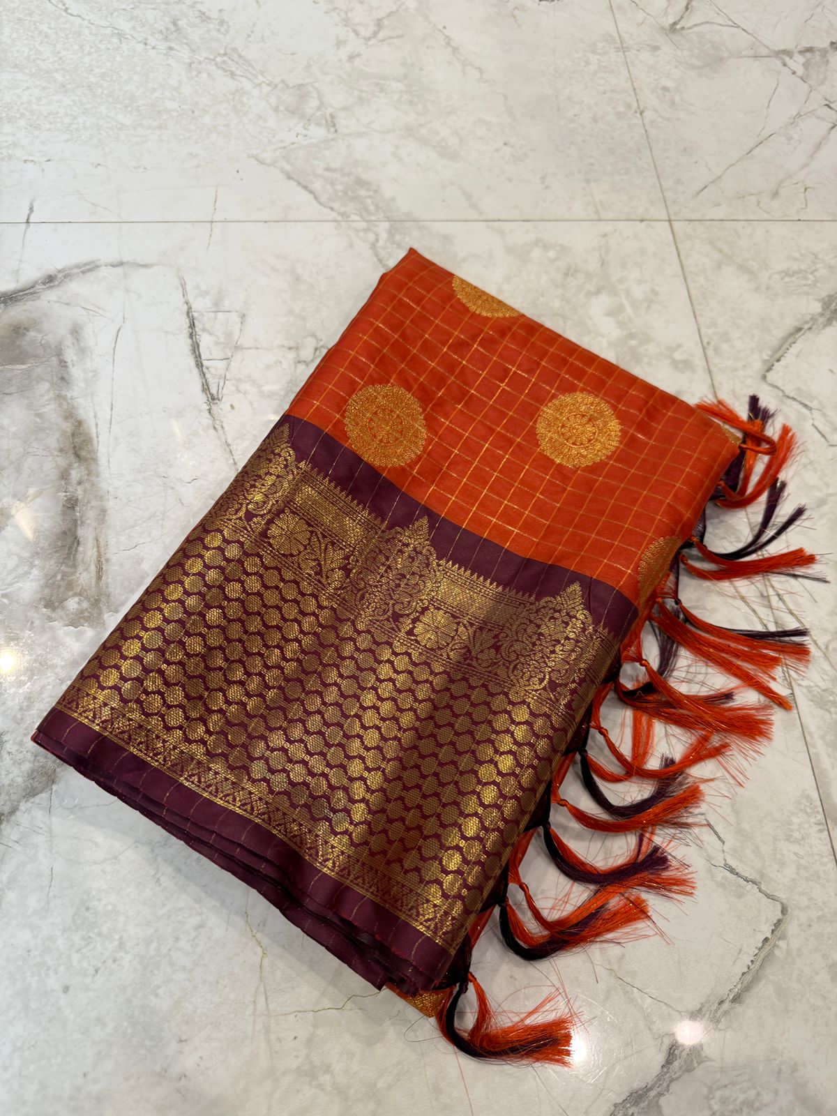 Annet | Rust Orange Semi Banarasi katan silk saree | RF0007