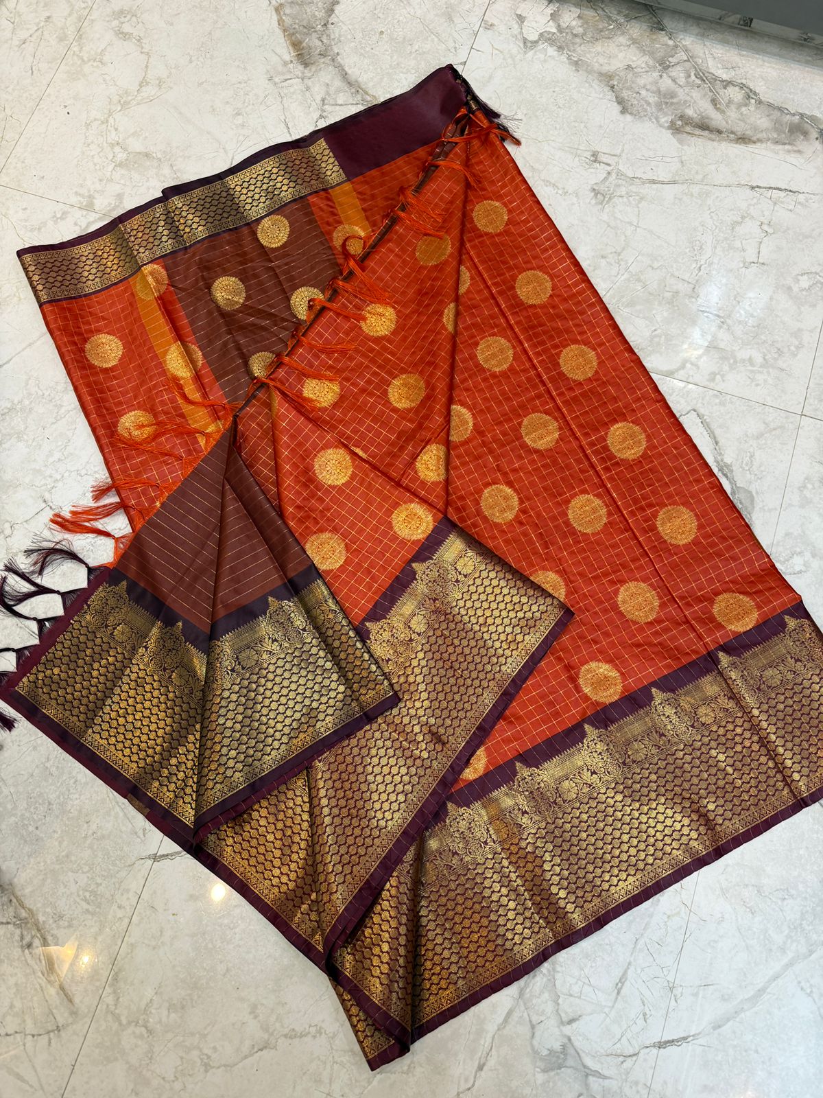 Annet | Rust Orange Semi Banarasi katan silk saree | RF0007