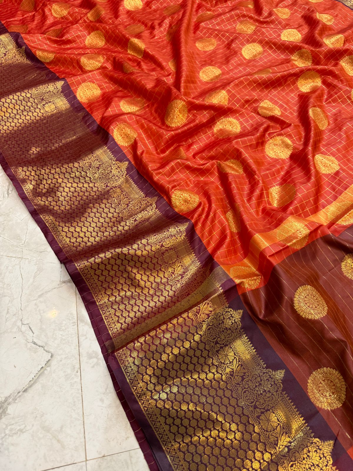Annet | Rust Orange Semi Banarasi katan silk saree | RF0007