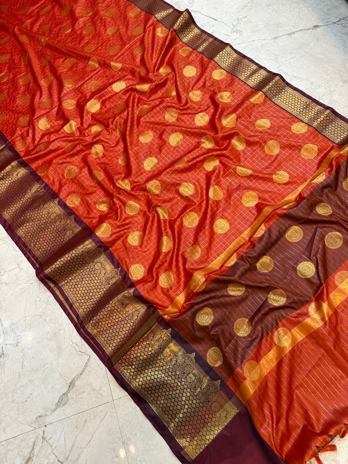 Annet | Rust Orange Semi Banarasi katan silk saree | RF0007
