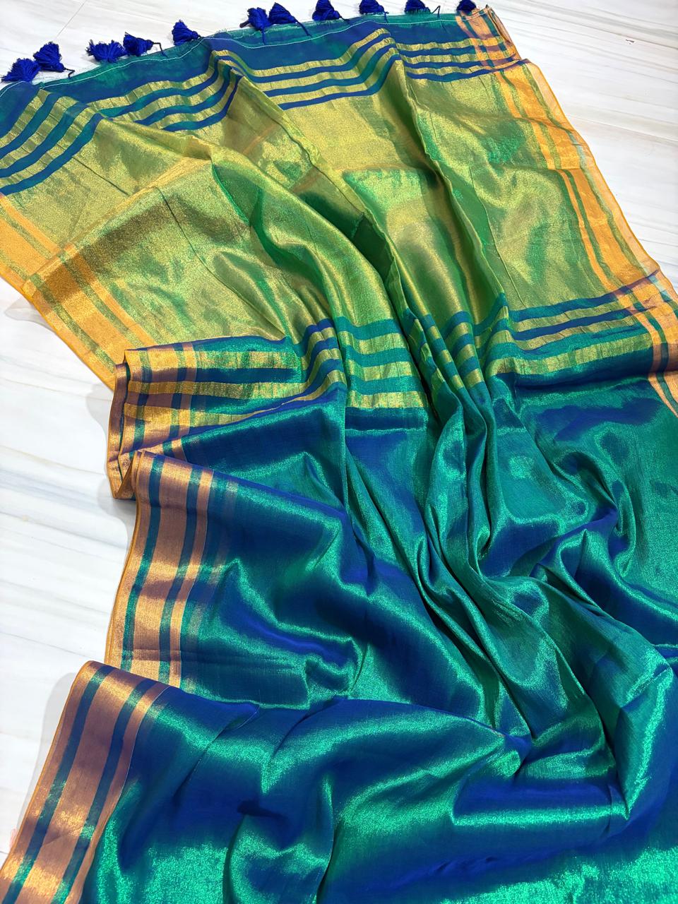 Peacock hues Tissue cotton saree