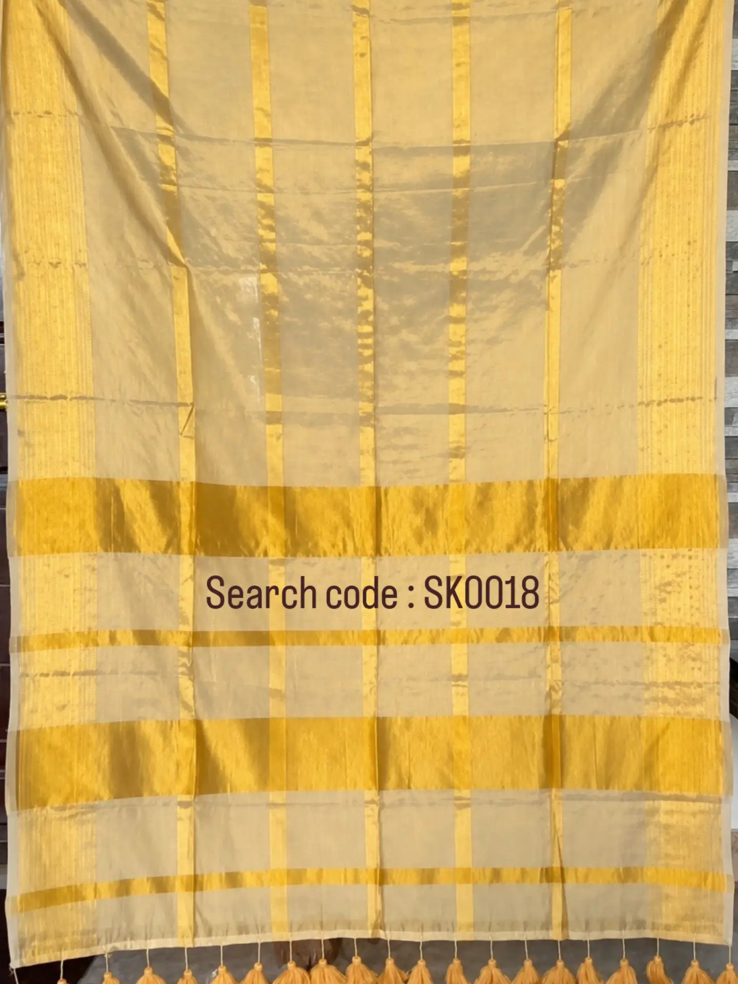 Premium golden color mul tissue saree with running blouse & tassels attached | SK0018