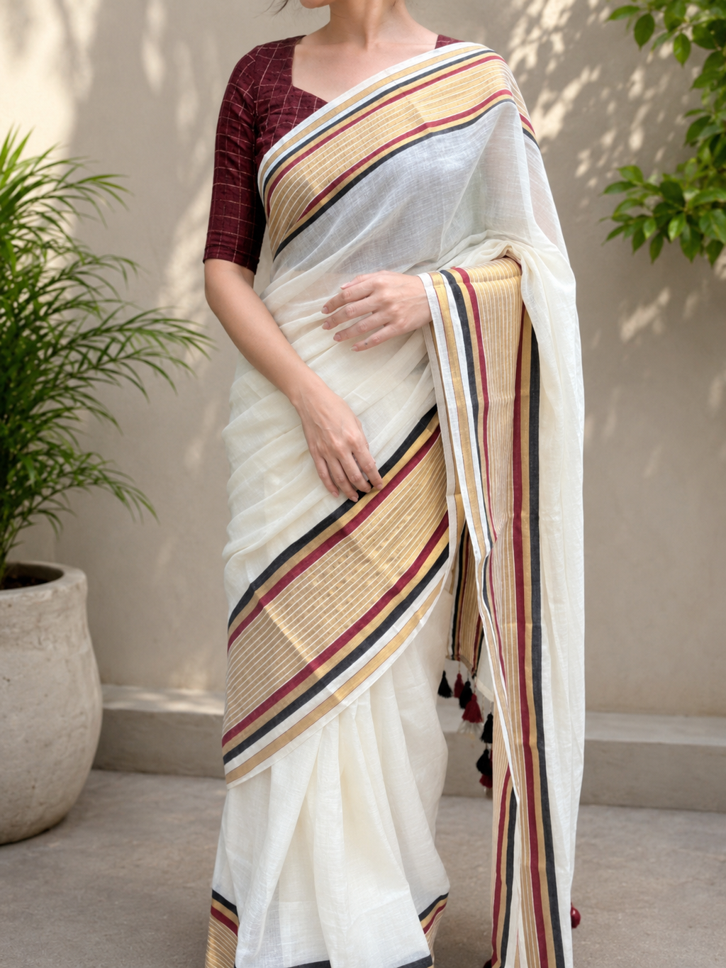 Premium mul cotton saree with multicolor borders & tassels | SK0050