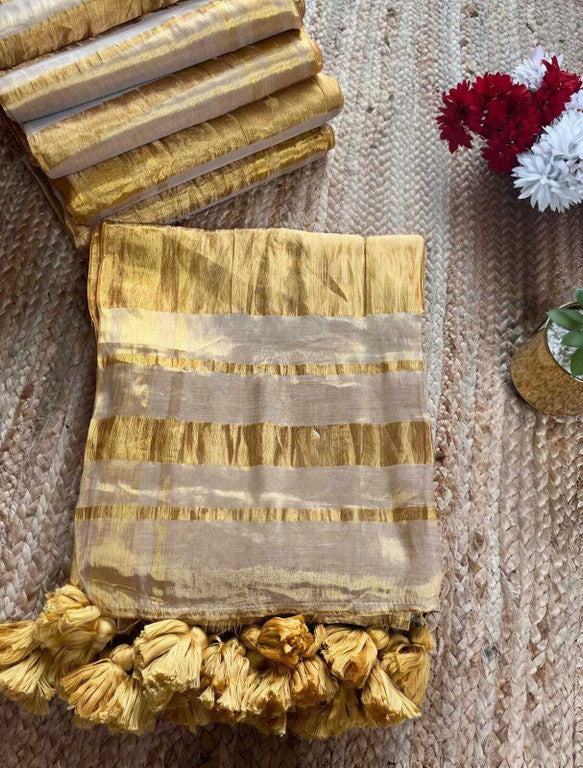 Premium golden color mul tissue saree with running blouse & tassels attached | SK0018