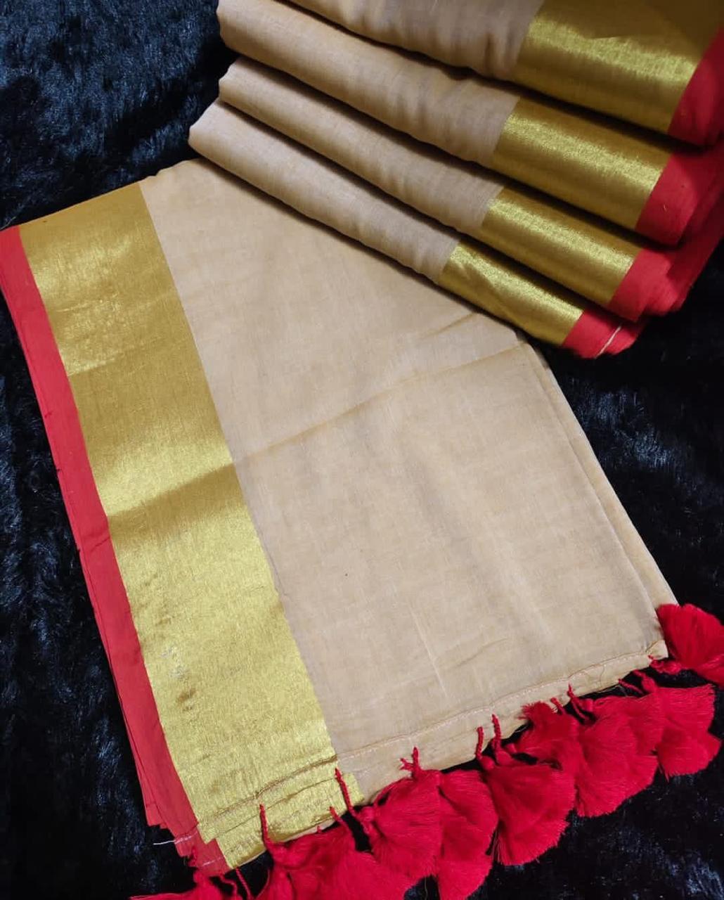 Mul cotton saree with tassels | HL0032