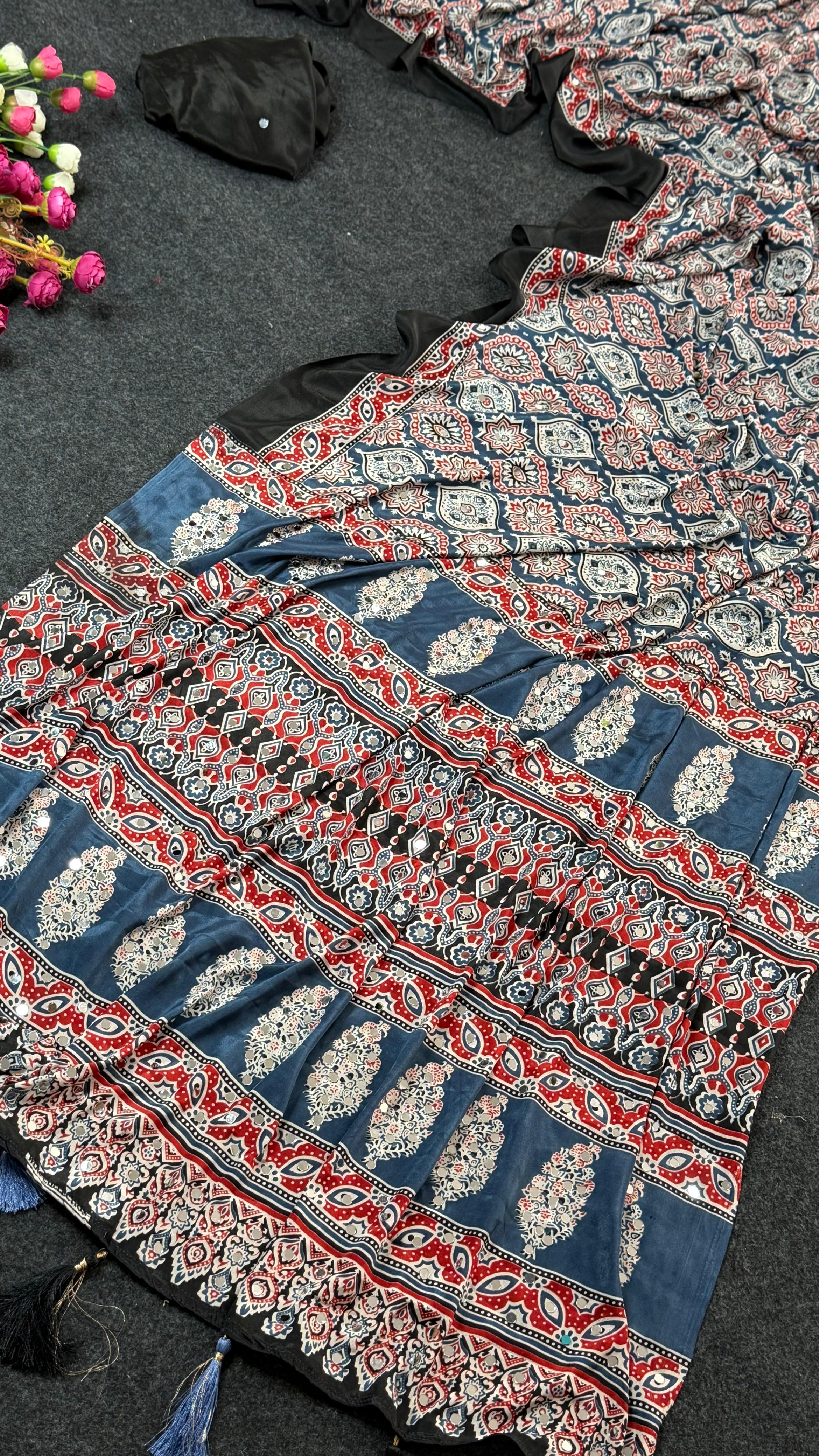 All over Mirror work Ajrakh printed semi modal silk saree with mirror work blouse | GF0027