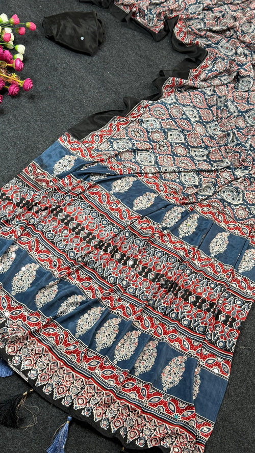All over Mirror work Ajrakh printed semi modal silk saree with mirror work blouse | GF0027