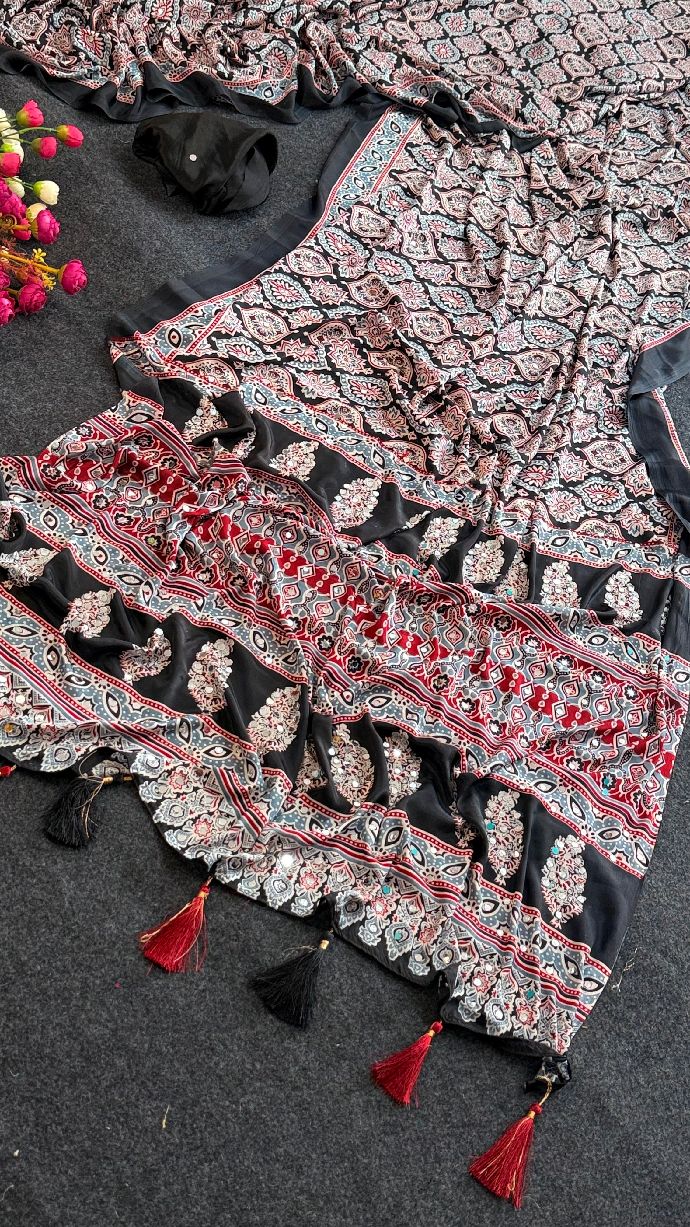 All over Mirror work Ajrakh printed semi modal silk saree with mirror work blouse | GF0027