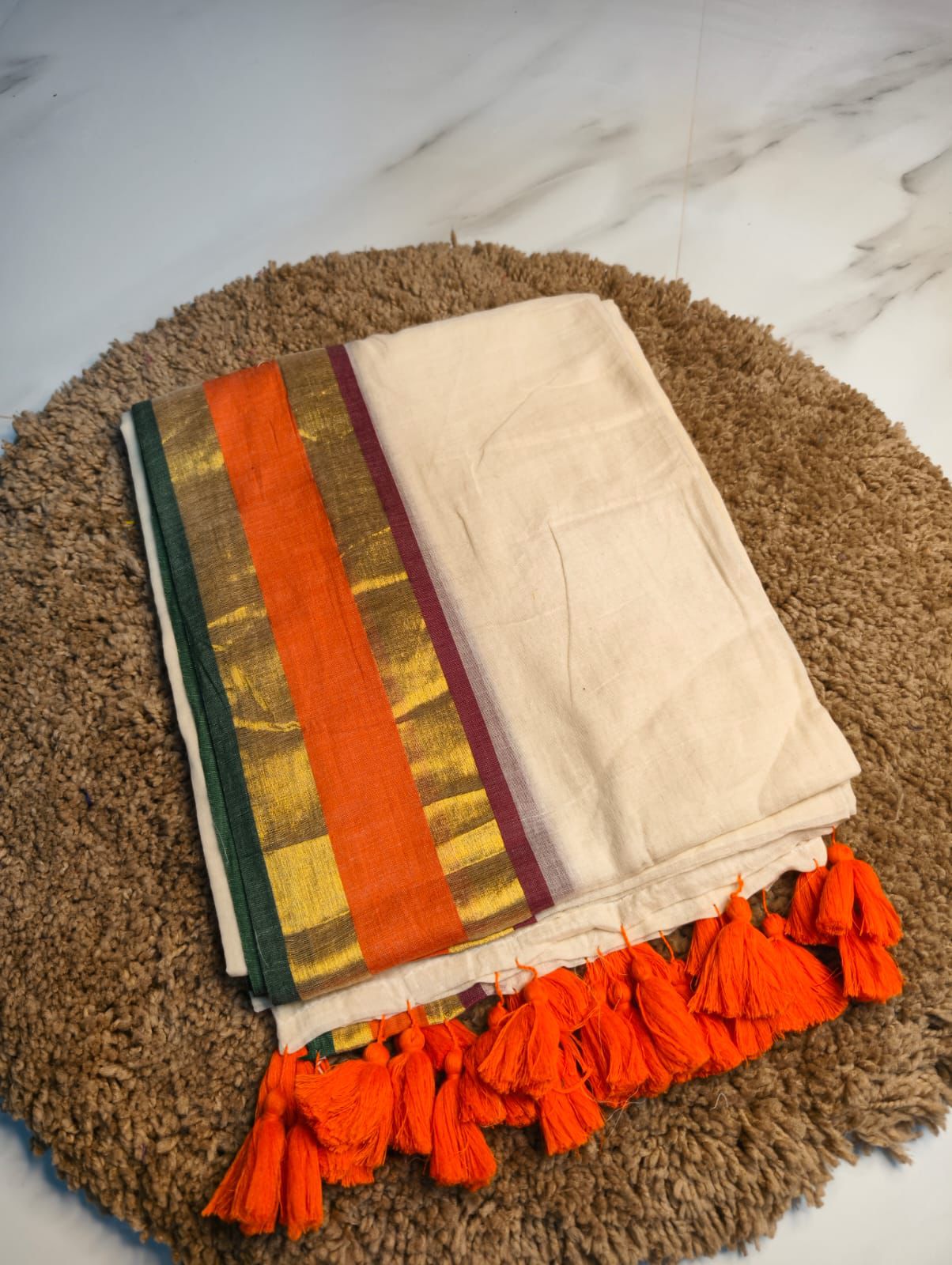 Premium 120 count mul cotton saree with contrast zari woven borders & tassels attached | BG0001