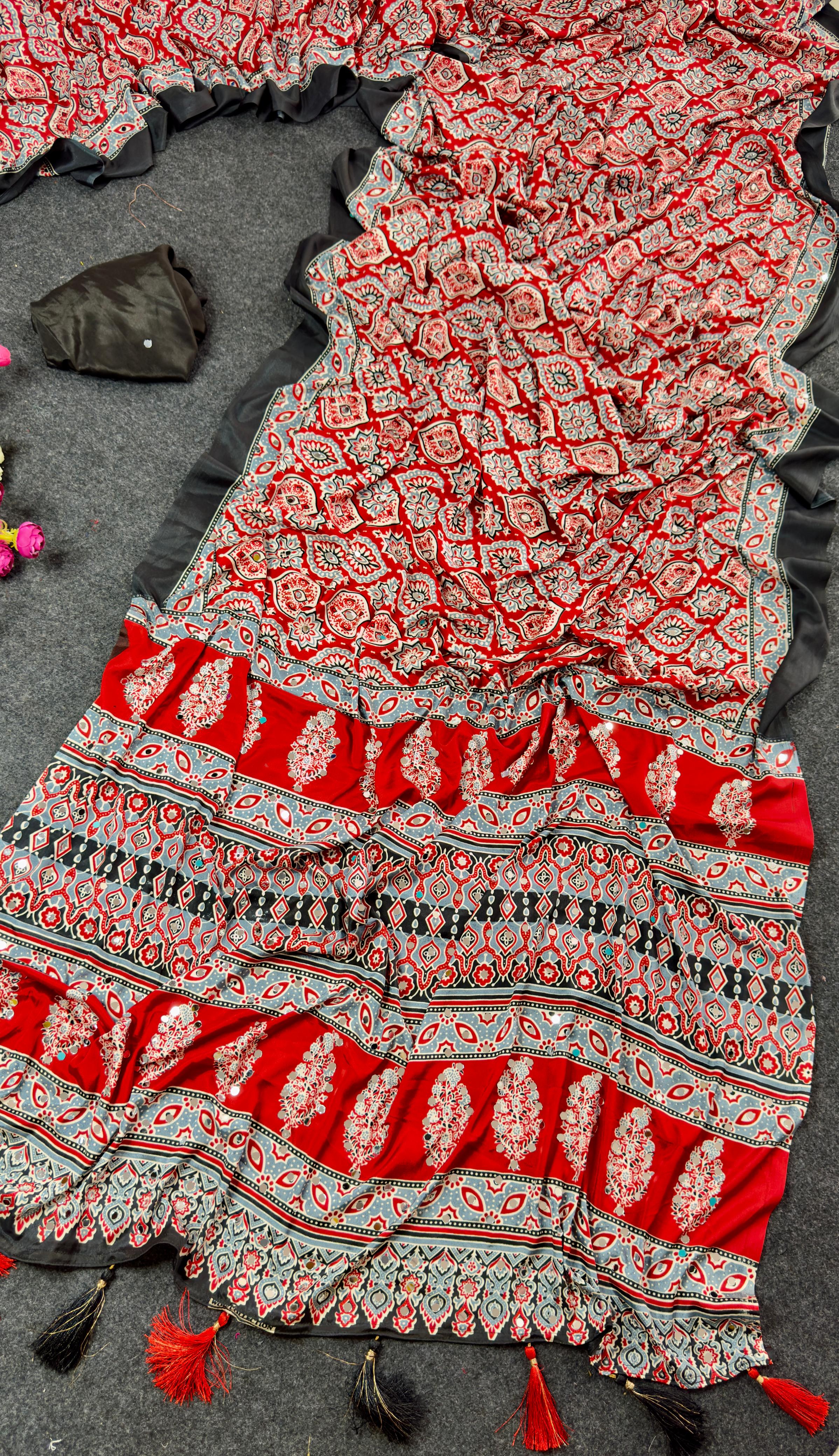 All over Mirror work Ajrakh printed semi modal silk saree with mirror work blouse | GF0027