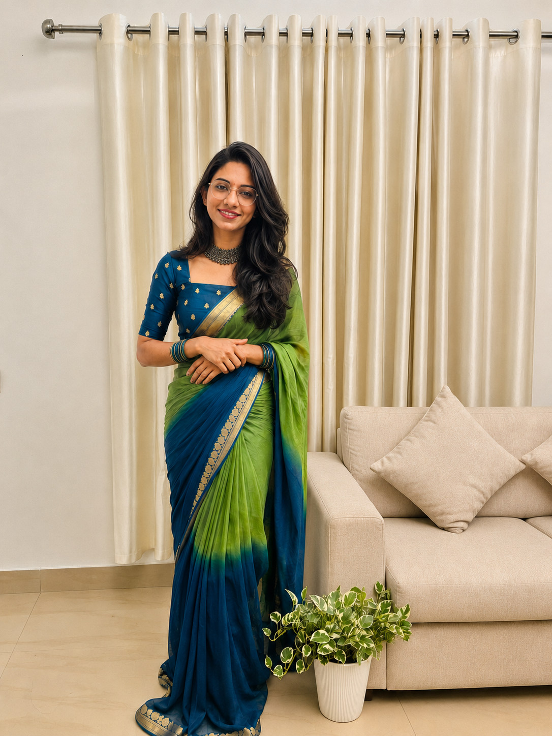 Premium dual tone georgette saree with zari borders & jacquard weaving blouse |SL0030