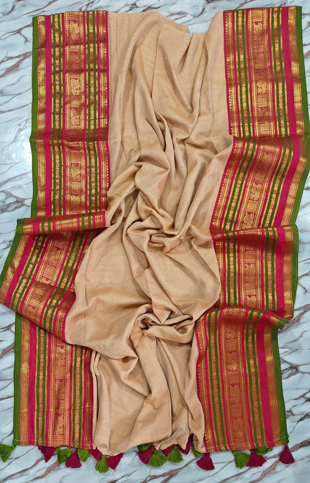 Premium mul cotton saree with zari Peacock Naksha borders | BL0030