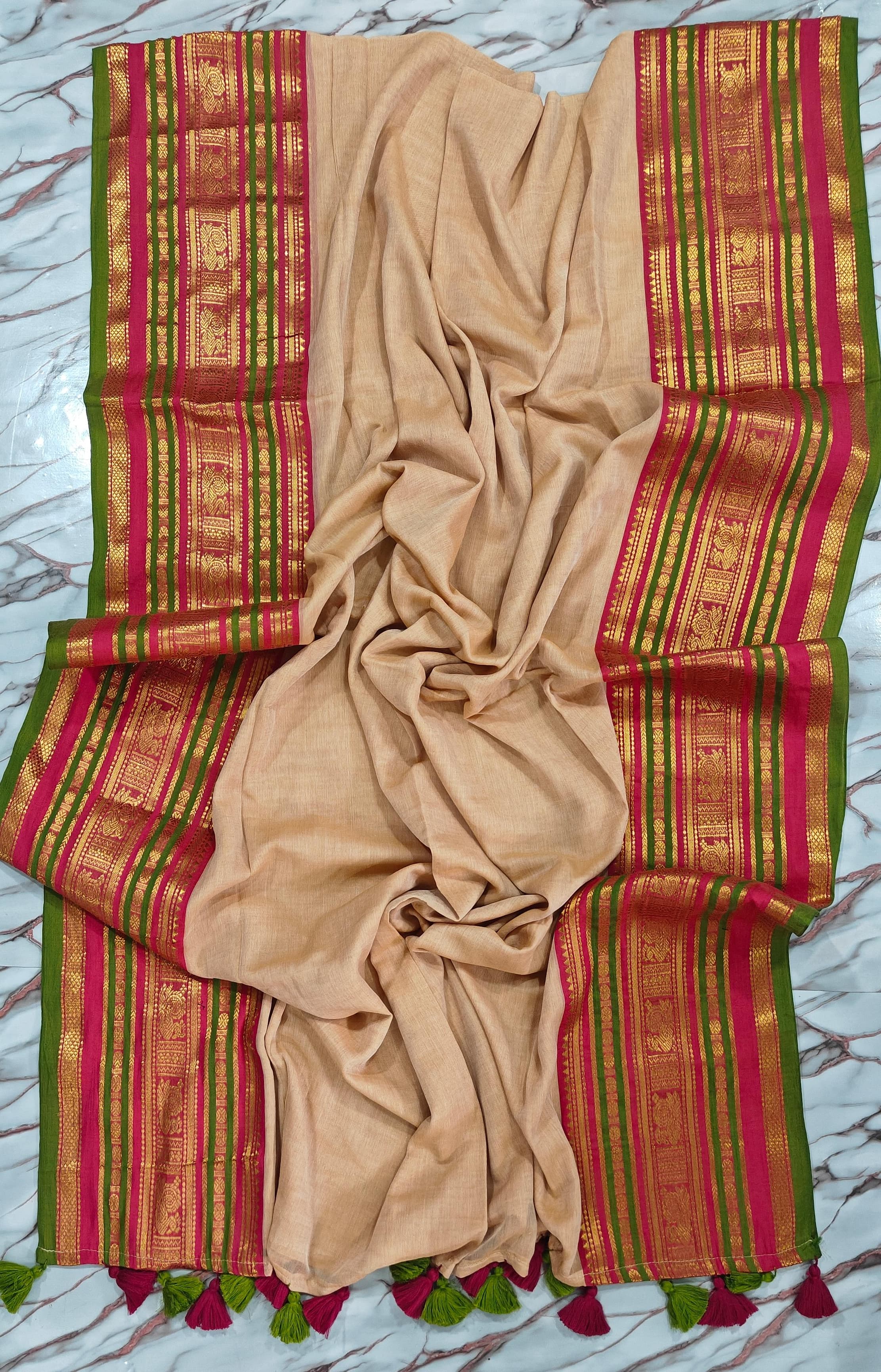 Premium mul cotton saree with zari Peacock Naksha borders | BL0030